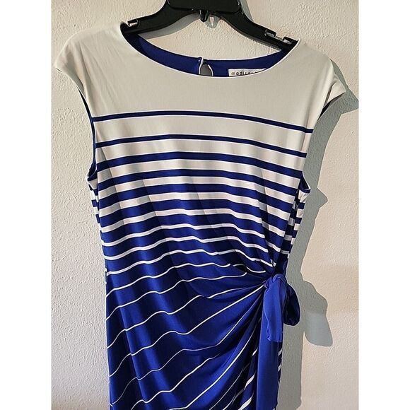 Madison Leigh Sheath Stretch Dress Womens Size 10 Blue White Cap Sleeve - Picture 2 of 7